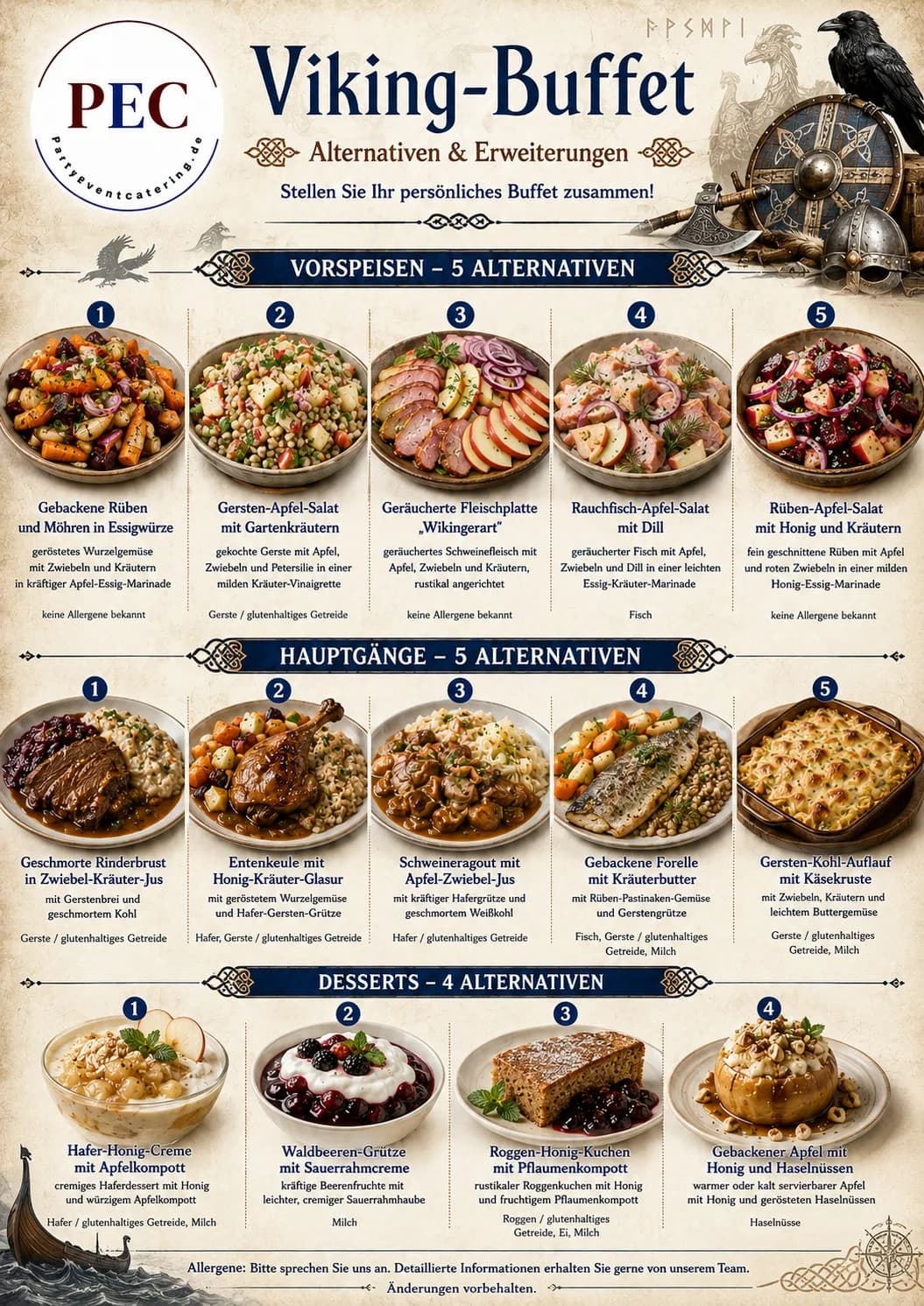 Karte mit 14 Alternativen zum Viking-Buffet von PEC: fünf Vorspeisen, fünf Hauptgänge und vier Desserts zum Tauschen