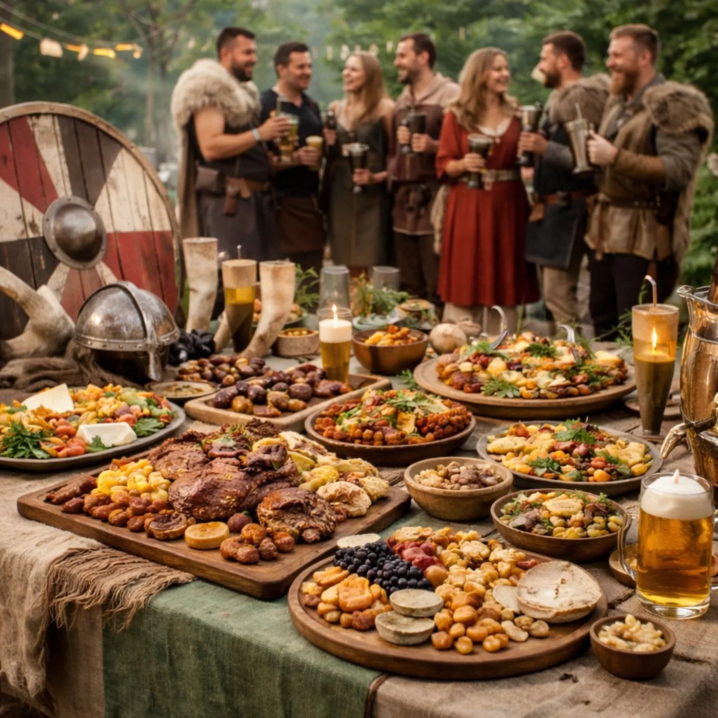 Viking-Buffet auf rustikaler Tafel mit Fleischplatten, Salaten und Brot, daneben Wikingerschild und Helm, dahinter anstoßende Gäste in Wikinger-Kostümen