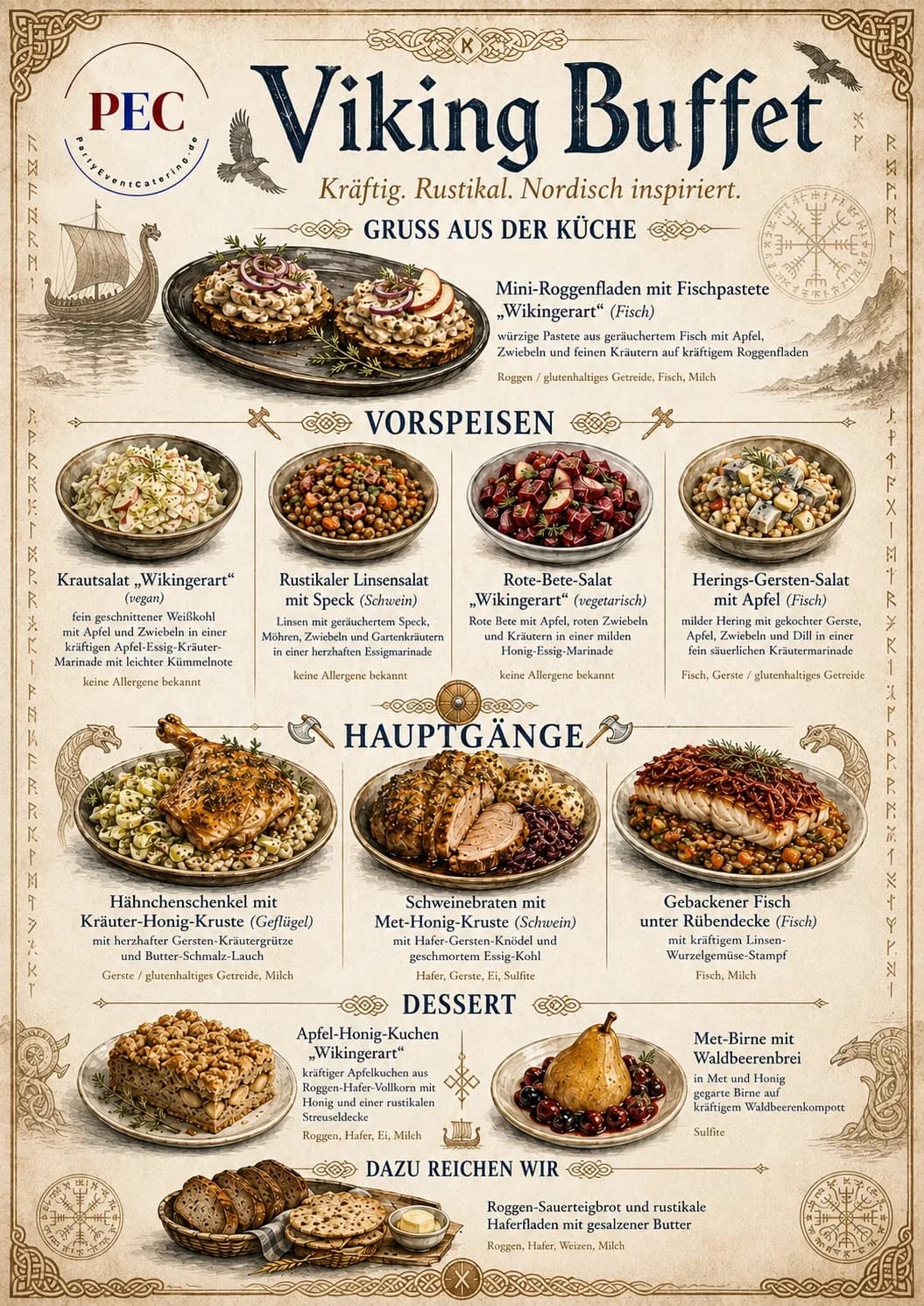 Buffet-Karte Viking-Buffet von PEC mit Gruß aus der Küche, vier Vorspeisen, drei Hauptgängen, zwei Desserts und Brot